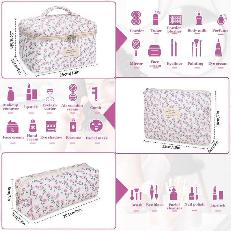 Gosect Makeup Bag Set, Quilted Makeup Bag, Large Floral Cosmetic Bag for Women, Cute Cotton Makeup Bags, Flower Travel Toiletry Organizer Bag (Purple Flower) - Image 2